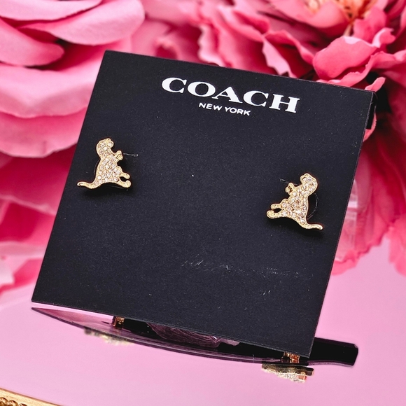 Coach Earrings Gold Tone Pave Crystal Rexi Stud Earrings Dinosaur Classic Glam - Picture 2 of 3